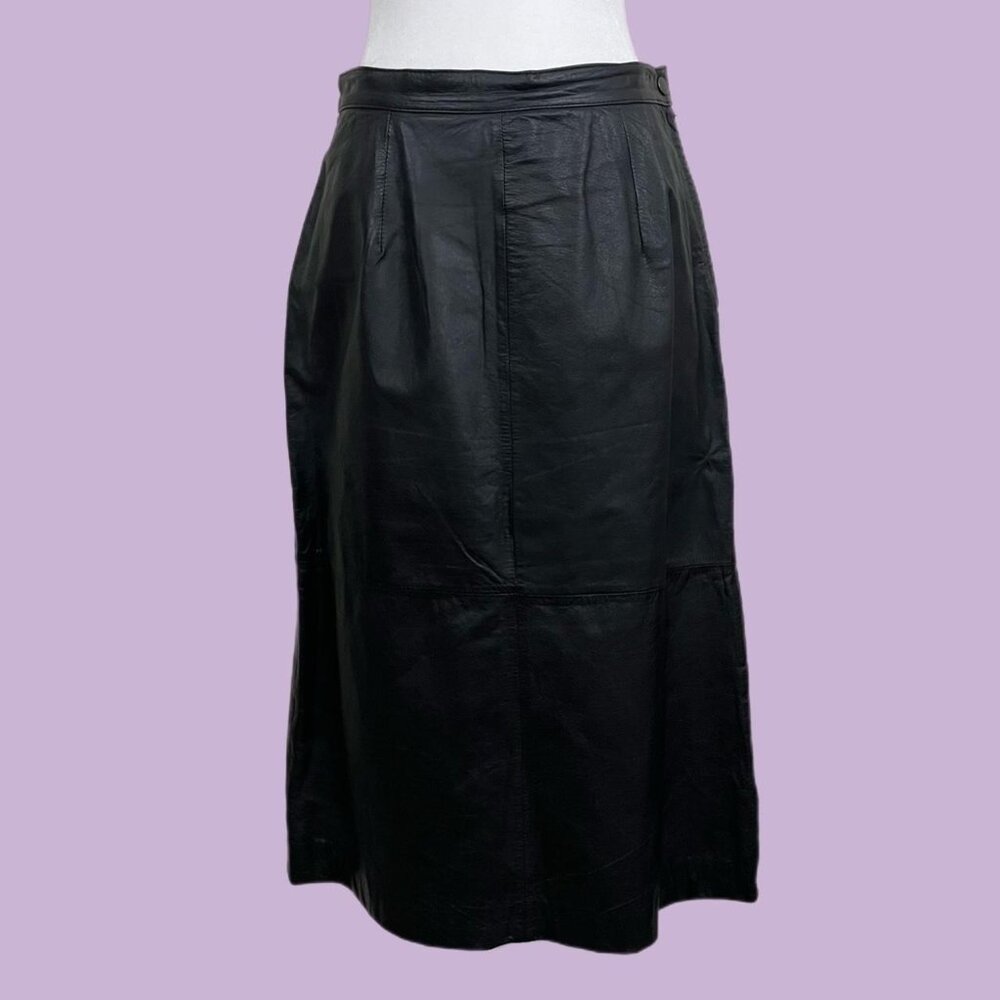 vintage 90s black leather corporate goth grunge downtown it girl midi skirt